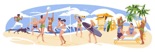 Морские Отдыхающие Играют Волейбол Загорают Занимаются Серфингом Плаванием Дружелюбно Беседуют — стоковый вектор