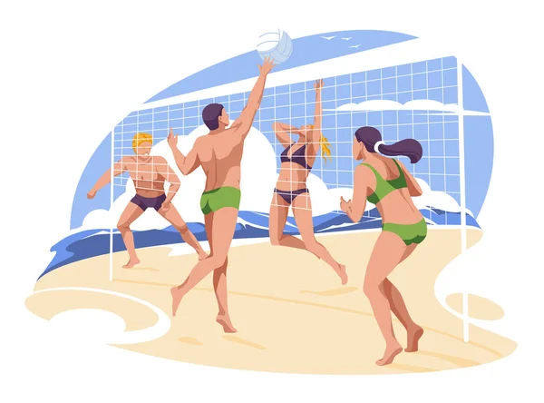 Beach Volley Riva Mare Personaggi Uomini Donne Illustrazione Vettoriale Piatta — Vettoriale Stock