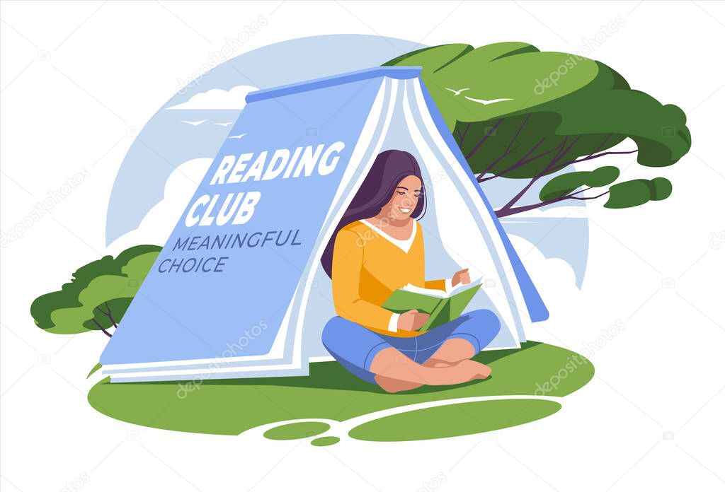 A school-age girl reads in nature in a hut that would have the shape of a book. Flat vector illustration
