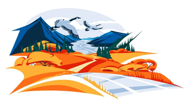 Geese fly over the autumn meadow in the mountain valley. Road through the hills. Coniferous forest. Landscape seasons. Flat vector illustration