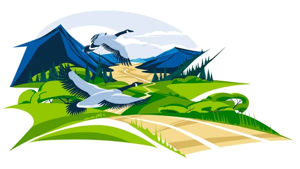 Kazlar Dağ Vadisindeki Yeşil Çayırların Üzerinden Uçarlar Tepelerden Geçen Yol — Stok Vektör
