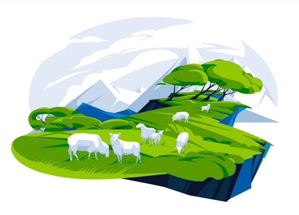 Paisagem Rural Idílica Prado Montanha Verde Com Ovelhas Pasto Ilustração —  Vetores de Stock