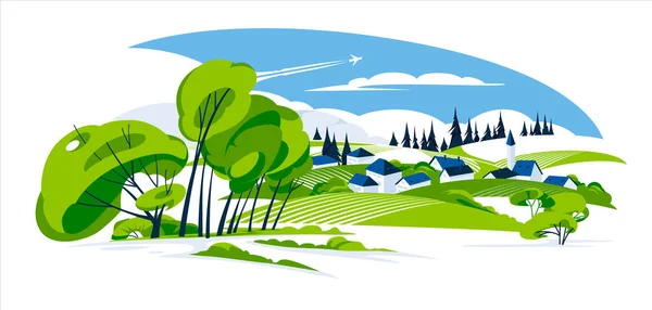 Idilic village on the Green Valley. Seasonal landscape. Flat vector illustration