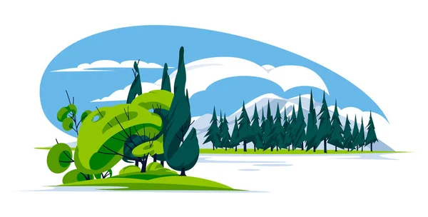 Tree island on a quiet mountain lake. Landscape of the summer season. Flat vector illustration