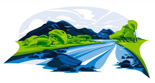 mountain river summer landscape. Green trees and grass on the river bank. Mountain peaks in the blue sky. Vector flat illustration