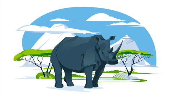 Одинокий Носорог Саванне Дикие Животные Африки Векторная Плоская Иллюстрация — стоковый вектор