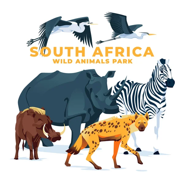 Afrikanische Wildtiere Auf Weißem Hintergrund Zebra Strauß Nilpferd Hyäne Warzenschwein — Stockvektor