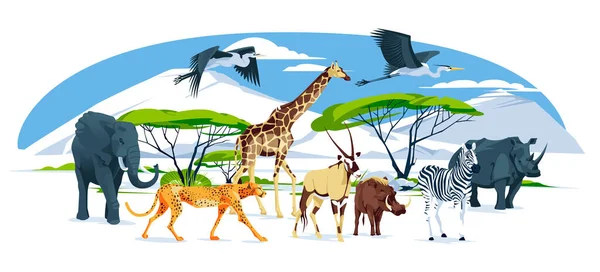 Divoká Africká Zvířata Procházejí Krajině Savany Slon Žirafa Gepard Antilopa — Stockový vektor