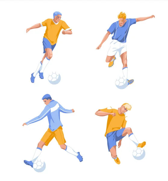 Conjunto Diferentes Jugadores Fútbol Pateando Las Bolas Ilustración Plana Del — Archivo Imágenes Vectoriales