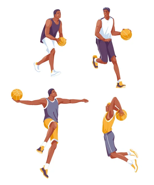 Set Different Players Basketball Team Jump Balls Flat Vector Illustration — Stock Vector