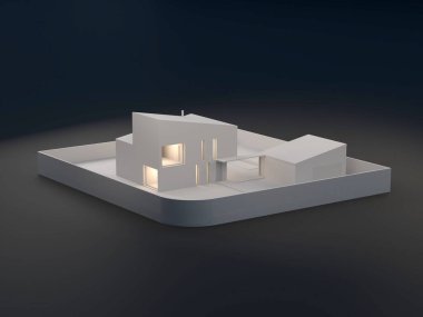 Konut binasının 3D görüntüsü. İç bağları beyaz ve siyah arkaplan olan mimari bir model. Kopya alanı olan modern tasarım İskandinav evi. Bir evin proje modeli. 