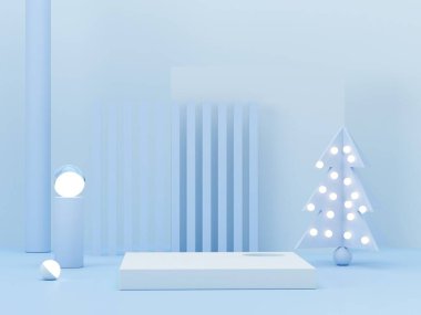 Podyum sahnesi ve ışıklandırmalı Noel ağacı. Mavi pastel renkler sahnesi. Geometrik şekiller. Asgari 3D görüntüleme. Vitrin, vitrin, vitrin. 3d hazırlayıcı. 