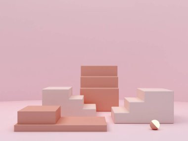 Mercan soyut arkaplanda pembe mercan şekilleri. Minimum kutular ve geometrik podyum. Merdivenli ve geometrik şekilli sahne. Kozmetik ürün sunumu için boş bir vitrin. 3d hazırlayıcı.