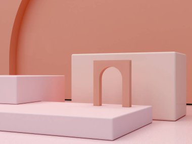 Mercan soyut arkaplanda pembe mercan şekilleri. Minimum kutular ve geometrik podyum. Merdivenli ve geometrik şekilli sahne. Kozmetik ürün sunumu için boş bir vitrin. 3d hazırlayıcı.