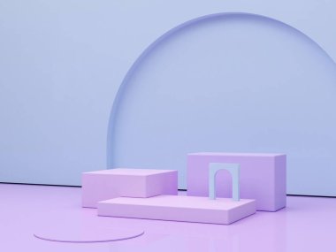 Geometrik şekilli, kıvrımlı ve kemerli soyut bir sahne. Mor renkli podyumlar.