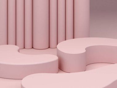Kıvrımlı podyum ve soyut arkaplan sahnesi. Geometrik şekiller. Pembe renkler. Asgari 3D görüntüleme. Kozmetik ürün için geometrik formlar ve dokulu arka plan. 3d hazırlayıcı. 