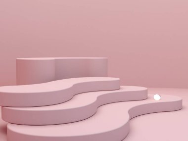 Kürsü, kıvrımlı merdivenler ve soyut arkaplan sahnesi. Geometrik şekiller. Pembe renkler. Geometrik şekilli sahne ve kozmetik ürün için dokulu arka plan. 3d hazırlayıcı. 