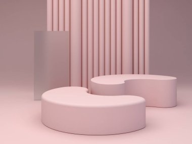 Kıvrımlı podyum ve soyut arkaplan sahnesi. Geometrik şekiller. Pembe renkler. Asgari 3D görüntüleme. Kozmetik ürün için geometrik formlar ve dokulu arka plan. 3d hazırlayıcı. 