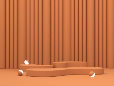 Geometrik formlarla soyut asgari sahne. Ocher renklerinde kıvrımlı podyumlar. Soyut arkaplan. Kozmetik kapsülleri göstermek için sahne. Vitrin, vitrin, vitrin. 3d hazırlayıcı. 