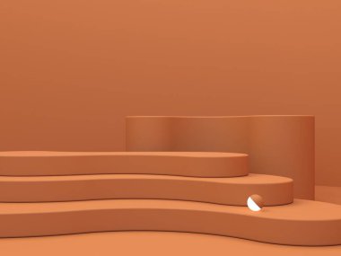 Geometrik formlarla soyut asgari sahne. Ocher renginde kıvrımlı merdivenler. Soyut podyum. Kozmetik kapsülleri göstermek için sahne. Vitrin, vitrin, vitrin. 3d hazırlayıcı. 