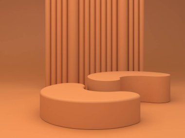 Geometrik formlarla soyut asgari sahne. Ocher renklerinde kıvrımlı podyumlar. Soyut arkaplan. Kozmetik kapsülleri göstermek için sahne. Vitrin, vitrin, vitrin. 3d hazırlayıcı. 