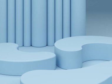 Pastel renkler mavi pastel renklerde soyut arkaplanda şekillenir. Minimum kıvrımlı podyum. Geometrik şekilli sahne. Boş vitrin, kozmetik ürün sunumu. Moda dergisi. 3d hazırlayıcı.