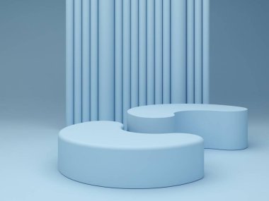 Pastel renkler mavi pastel renklerde soyut arkaplanda şekillenir. Minimum kıvrımlı podyum. Geometrik şekilli sahne. Boş vitrin, kozmetik ürün sunumu. Moda dergisi. 3d hazırlayıcı.