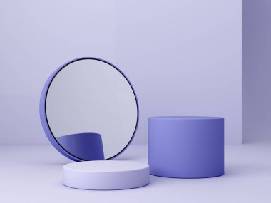 Abstract minimal scene with geometrical forms. Cylinder podiums in Very Peri color. Abstract background. Scene to show cosmetic podructs. Showcase, shopfront, display case. 3d render. 