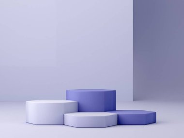 Abstract minimal scene with geometrical forms. Cylinder podiums in Very Peri color. Abstract background. Scene to show cosmetic podructs. Showcase, shopfront, display case. 3d render. 