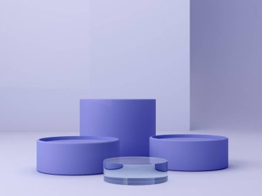 Abstract minimal scene with geometrical forms. Cylinder podiums in Very Peri color. Abstract background. Scene to show cosmetic podructs. Showcase, shopfront, display case. 3d render. 