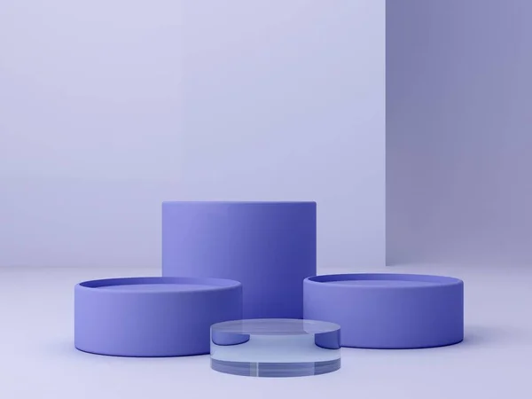 Abstract minimal scene with geometrical forms. Cylinder podiums in Very Peri color. Abstract background. Scene to show cosmetic podructs. Showcase, shopfront, display case. 3d render.