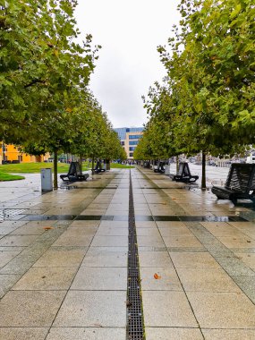 Wroclaw, Polonya - 25 Eylül 2020: Etrafında banklar ve ağaçlar olan ana tren istasyonunun yanındaki uzun yol
