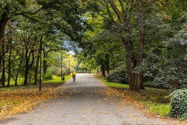 Ağaçlar, lambalar ve sarı kapüşonlu motorcularla dolu Hisar Parkı 'nda uzun beton yol
