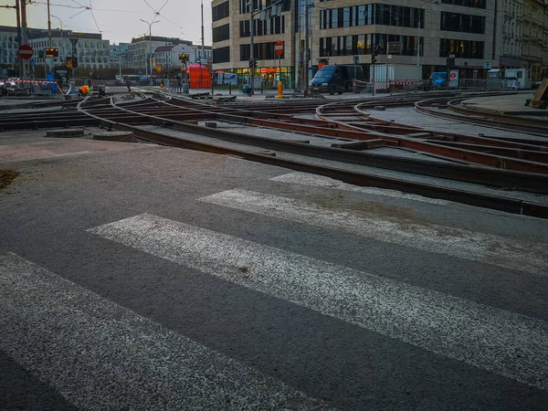 Wroclaw Polonya Kasım 2020 Şehir Merkezinde Karayolu Tramvay Raylarının Yenilenmesi — Stok fotoğraf