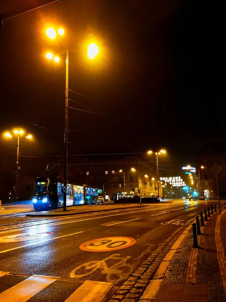 Wroclaw Poland January 2021 Long Blue Tram Ride Kosciuszki Square — Zdjęcie stockowe