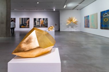 Cracow, Polonya - Şubat 2021: Krakow 'daki MOCAK Çağdaş Sanat Müzesi' nde kapalı sergi