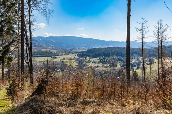 Bela Paisagem Ensolarada Colinas Montanhas Cheias Grama Fresca Arbustos — Fotografia de Stock