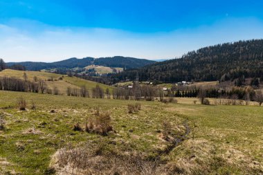 Güneşli sabahlarda dağların güzel manzarası