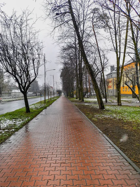 Zawiercie Polska Kwiecień 2021 Długi Prosty Chodnik Czerwonej Cegły Śnieżny — Zdjęcie stockowe