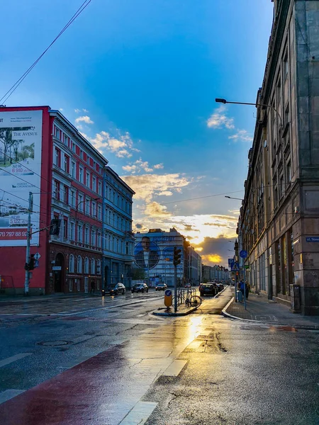Wroclaw Poland April 2021 Beautiful Cloudy Sunset City Streets Buildings — Stock Photo, Image