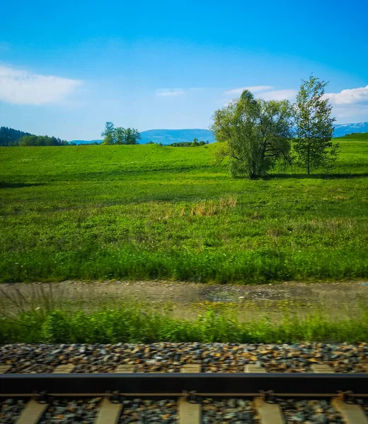 Beautiful View Running Train Green Hills — Stockfoto