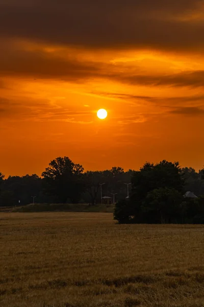 Schöner Bewölkter Sonnenaufgang Über Dem Großen Gelben Feld Und Den — Stockfoto