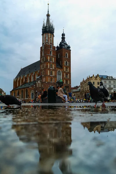Краков Польша Июля 2021 Года Фасад Церкви Марии Отражен Луже — стоковое фото