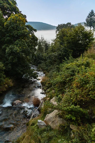 Pequeño Río Que Fluye Las Montañas Doradas Amanecer Visto Desde —  Fotos de Stock