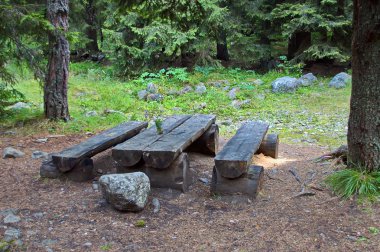 Picnic place with wood table and bench in mountain clipart