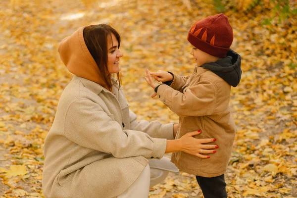 母親と息子は秋の森の中を歩いている。子供連れの家族のための秋の野外活動 — ストック写真