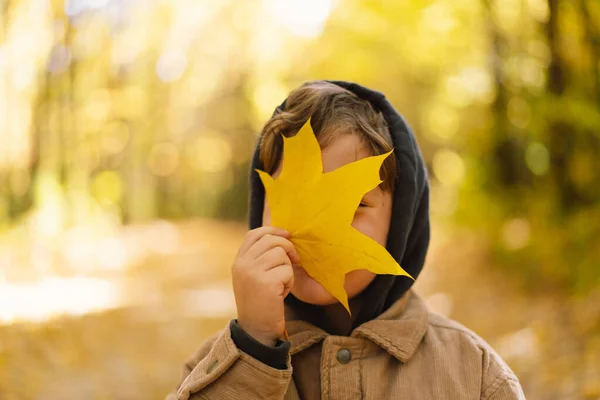 Gelukkige kleine jongen die lacht en speelt in de herfstdag. Kind bedekt haar gezicht met bladeren — Stockfoto