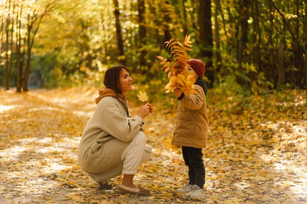 Mutter und Sohn gehen im herbstlichen Wald spazieren. Outdoor-Aktivitäten im Herbst für Familien mit Kindern — Stockfoto