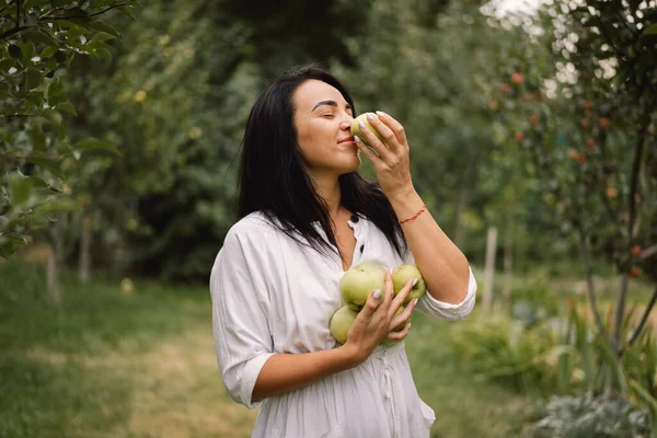 Mujer recogiendo manzanas en el jardín. Recogida tradicional de fruta ecológica. — Foto de Stock