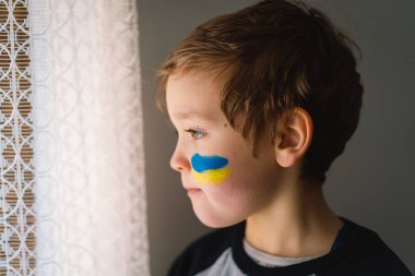 Ukrayna bayrağının renkleriyle boyanmış yüzü olan Ukraynalı bir çocuğun portresi.